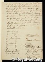 Silvester, Sir John: certificate of election to the Royal Society