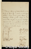 Davies, Thomas: certificate of election to the Royal Society