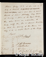 Gresley, Thomas: certificate of election to the Royal Society