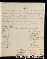 Fordyce, Sir William: certificate of election to the Royal Society