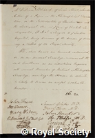 Blizard, Sir William: certificate of election to the Royal Society