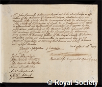 Bernoulli, Johann: certificate of election to the Royal Society