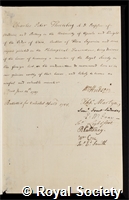 Thunberg, Carl Peter: certificate of election to the Royal Society
