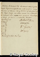 Aubant, Abraham D': certificate of election to the Royal Society