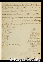 Montagu, Matthew: certificate of election to the Royal Society