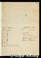 Hutchinson, Benjamin: certificate of election to the Royal Society