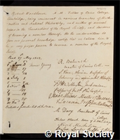 Woodhouse, Robert: certificate of election to the Royal Society