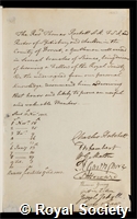 Rackett, Thomas: certificate of election to the Royal Society