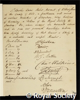 Malet, Sir Charles Warre: certificate of election to the Royal Society