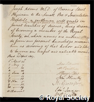 Adams, Joseph: certificate of election to the Royal Society