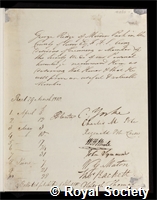 Ridge, George: certificate of election to the Royal Society