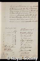 Wharton, Richard: certificate of election to the Royal Society
