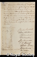 Johnston, Sir Alexander: certificate of election to the Royal Society