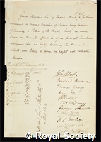 Saunders, George: certificate of election to the Royal Society