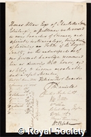 Allan, Thomas: certificate of election to the Royal Society
