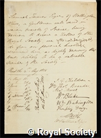 Turner, Samuel: certificate of election to the Royal Society