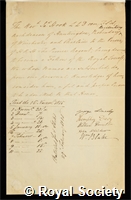 Hook, James: certificate of election to the Royal Society