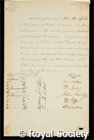 Handfield, John: certificate of election to the Royal Society
