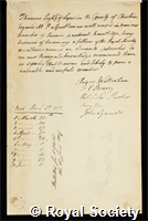 Legh, Thomas: certificate of election to the Royal Society