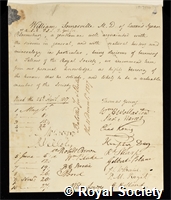 Somerville, William: certificate of election to the Royal Society