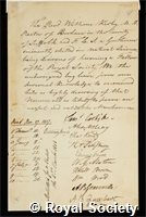 Kirby, William: certificate of election to the Royal Society