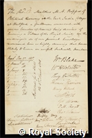 Malthus, Thomas Robert: certificate of election to the Royal Society