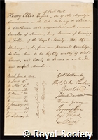 Ellis, Sir Henry: certificate of election to the Royal Society