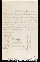 Hunt, George: certificate of election to the Royal Society