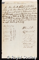 Sewell, Sir John: certificate of election to the Royal Society