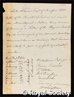 Wilbraham, George: certificate of election to the Royal Society