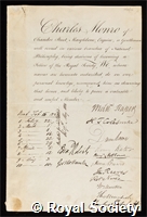 Monro, Charles: certificate of election to the Royal Society
