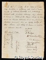 Catton, Thomas: certificate of election to the Royal Society
