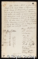 Cooke, John: certificate of election to the Royal Society