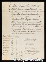 Sayer, John: certificate of election to the Royal Society