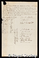 Butler, Samuel, Bishop of Lichfield: certificate of election to the Royal Society