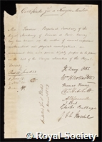 Fourier, Jean Baptiste Joseph: certificate of election to the Royal Society