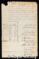 Rokewode, John Gage: certificate of election to the Royal Society