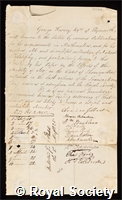 Harvey, George: certificate of election to the Royal Society