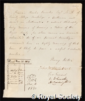 Knowles, Sir Francis Charles: certificate of election to the Royal Society