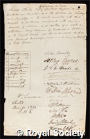 Stanley, Edward: certificate of election to the Royal Society