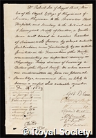 Lee, Robert: certificate of election to the Royal Society