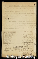 Woolmore, Sir John: certificate of election to the Royal Society