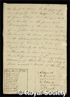 Warren, John: certificate of election to the Royal Society