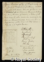 Maclear, Sir Thomas: certificate of election to the Royal Society