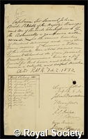 Pechell, Sir Samuel John Brooke: certificate of election to the Royal Society