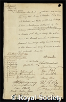 Chandler, George: certificate of election to the Royal Society