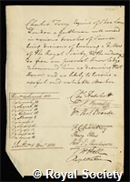 Terry, Charles: certificate of election to the Royal Society