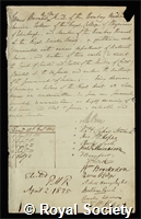 Burnes, James: certificate of election to the Royal Society