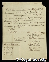 Molesworth, Sir William: certificate of election to the Royal Society