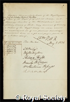 Lewis, Thomas Locke: certificate of election to the Royal Society